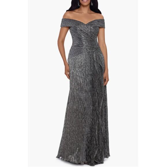 H2 Xscape Long Maxi Off Shoulder Gown Womens 16 Silver Metallic - Picture 1 of 10
